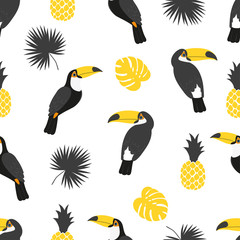 Seamless tropical pattern in black and yellow colors. Vector background with toucans, pineapples and palm leaves. © Afanasia