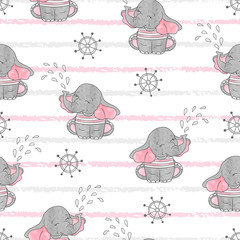 Seamless pattern with cute sailor elephants. Vector background. Baby girl print.