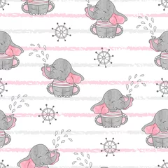 Wallpaper murals Elephant Seamless pattern with cute sailor elephants. Vector background. Baby girl print.