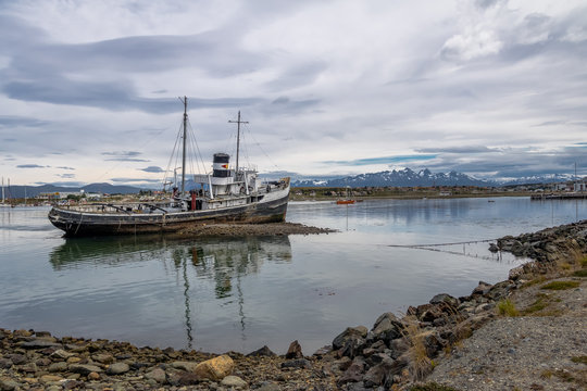 Abandoned HMS Justice tug boat grounded in Patagonia - Ushuaia, Tierra del Fuego, Argentina