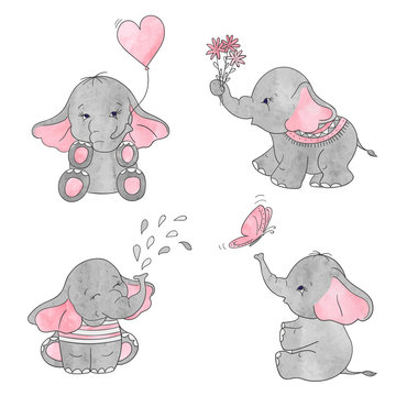 Set of cute cartoon baby elephants. Vector watercolor illustration. 