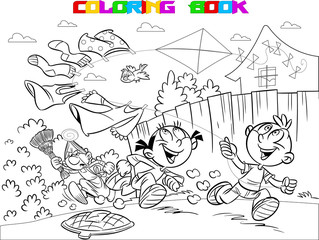 The illustration shows a boy and a girl on vacation in the countryside. They frolic and launch a kite. Book coloring in cartoon style, vector, on separate layers, black and white contour.