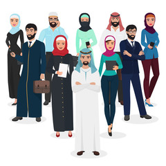 Arab muslim business people teamwork. Arabic cartoon vector illustration.