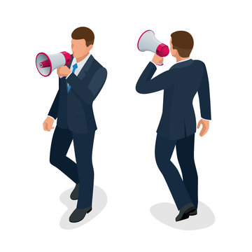 Isometric Man With Loudspeaker Flat Vector Illustration. Speaker Or Loudspeaker