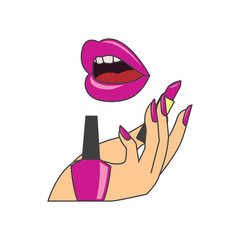 red lips and manicure nails . makeup and cosmetics, vector illustration