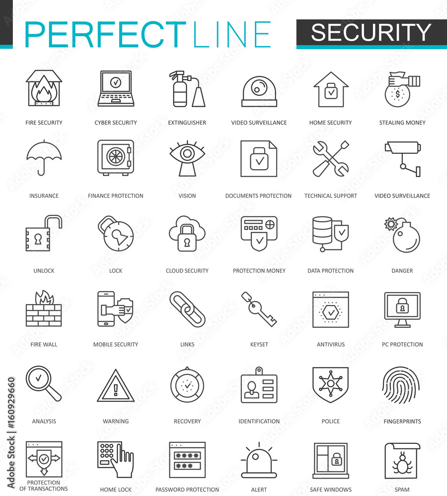 Poster security protection thin line web icons set. data, web, personal and home security outline stroke ic