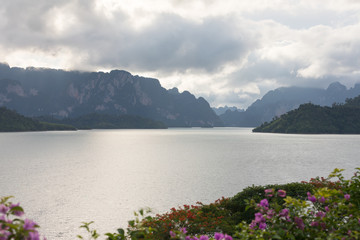 Evening on the coastline of Lake Ratchaprapha next to the dam