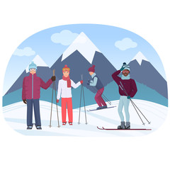 A group of people riding skies in the mountains vector illustration. Ski people.