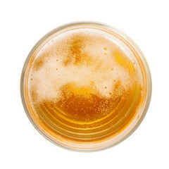 Top view of amber colored beer with foam and bubbles in simple glass.