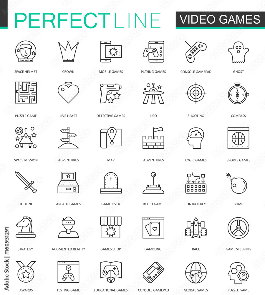 Poster Video games thin line web icons set. Mobile game app interface Outline stroke icons design.