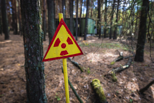 Warning sign in contaminated area of Pripyat city in Chernobyl Exclusion Zone, Ukraine