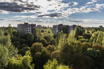 View from the roof of abandoned hospital in Pripyat city, Chernobyl Exclusion Zone, Ukraine