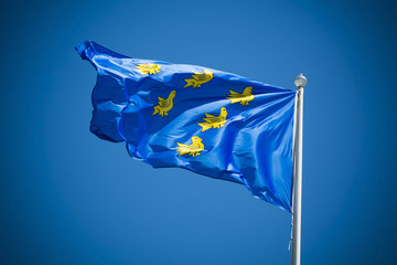 Sussex flag on sunny day against clear blue sky	