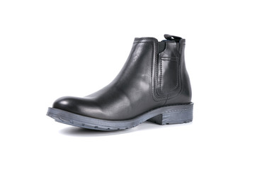 Male Black Shoe on White Background, Isolated Product, Top View, Studio.