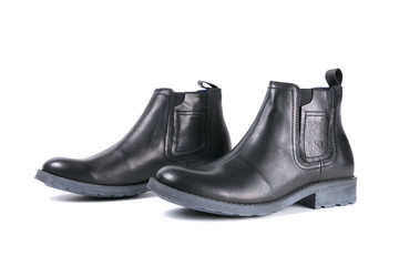 Male Black Shoe on White Background, Isolated Product, Top View, Studio.