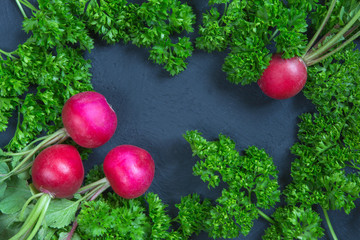 Fresh aromatic juicy ripe radish vegetables and juicy green parsley dill pepper bay leaf layout pattern on a dark background. Concept of healthy eating and vegetarianism.Space of copying.top view flat