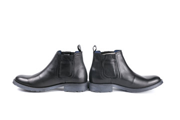 Male Black Shoe on White Background, Isolated Product, Top View, Studio.