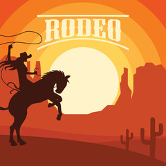 rodeo poster with cowgirl silhouette riding on wild horse and bull. vector illustration