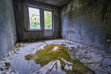 Inside the flat of residential building in abandoned military town called Chernobyl-2 in Chernobyl Exclusion Zone, Ukraine