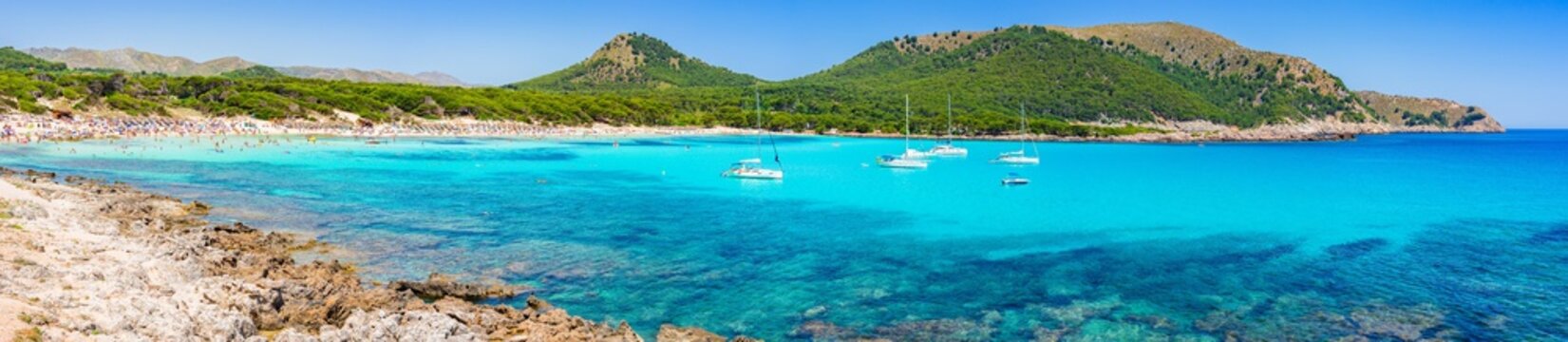 Beautiful seascape panorama of beach Cala Agulla on Majorca island Spain