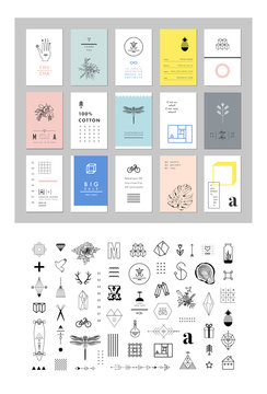 Set of different elements and shapes plus collection of universal cards. Templates with trendy geometric patterns and colors.Hipster symbols and logotypes. Geometric, alchemy, decor items. 
