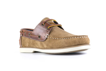 Male Brown Shoe on White Background, Isolated Product, Top View, Studio.