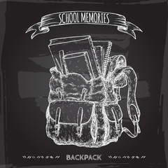 Vintage student backpack drawn sketch on blackboard background.