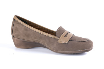 Female Brown Shoe on White Background, Isolated Product, Top View, Studio.