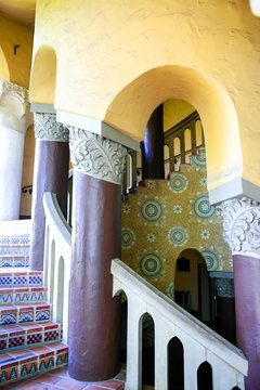 The spiral staircase inside the County Courthouse building in Santa Barbara CA, USA