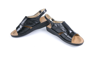 Female Black Sandal on White Background, Isolated Product, Top View, Studio.