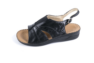 Female Black Sandal on White Background, Isolated Product, Top View, Studio.