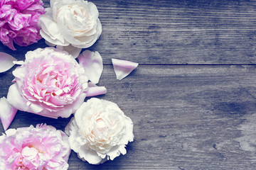 Wedding invitation or anniversary greeting card mockup decorated with pink and creamy peonies flowers on rustic wooden table with blank space for text. top view. flat lay. vintage toning