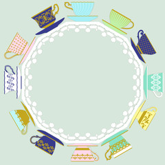 Lace frame of twelve sides with cups of different decorations and shapes