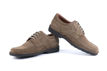 Male Brown Shoe on White Background, Isolated Product, Top View, Studio.