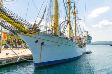MONTENEGRO, TIVAT - MAY 27/2017: Porto Montenegro moored attraction - this is an unusual vintage yacht.