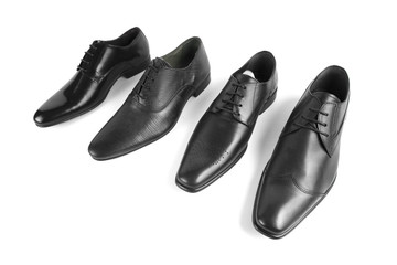 Male Black Shoe on White Background, Isolated Product, Top View, Studio.