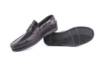 Male Brown Shoe on White Background, Isolated Product, Top View, Studio.