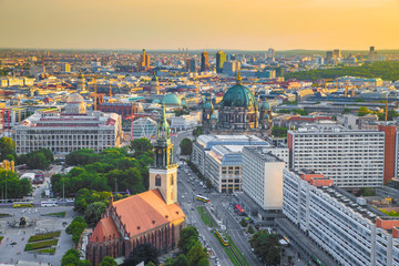 Aerial view of Berlin with Marienkirche and Berlin Cathedral at sunset, Germany