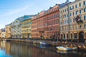 Scenic view over river embankment. Russia, Saint-Petersburg, June 2017.