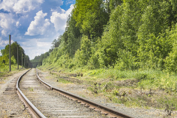 Fototapeta premium The railway goes into the distance through the green forest