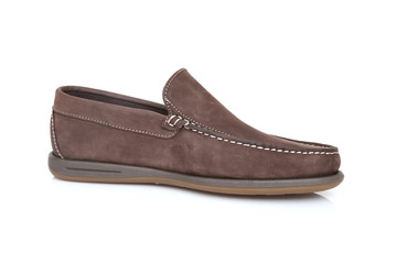 Male Brown Shoe on White Background, Isolated Product, Top View, Studio.