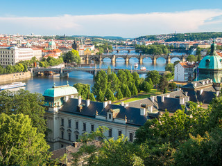 Fototapeta na wymiar view over vltava river and its bridges with charles bridge in background