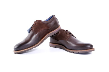 Male Brown Shoe on White Background, Isolated Product, Top View, Studio.