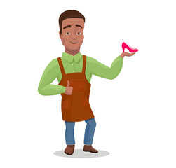 Shoemaker cartoon character banner or poster with c indian black haired worker vector illustration