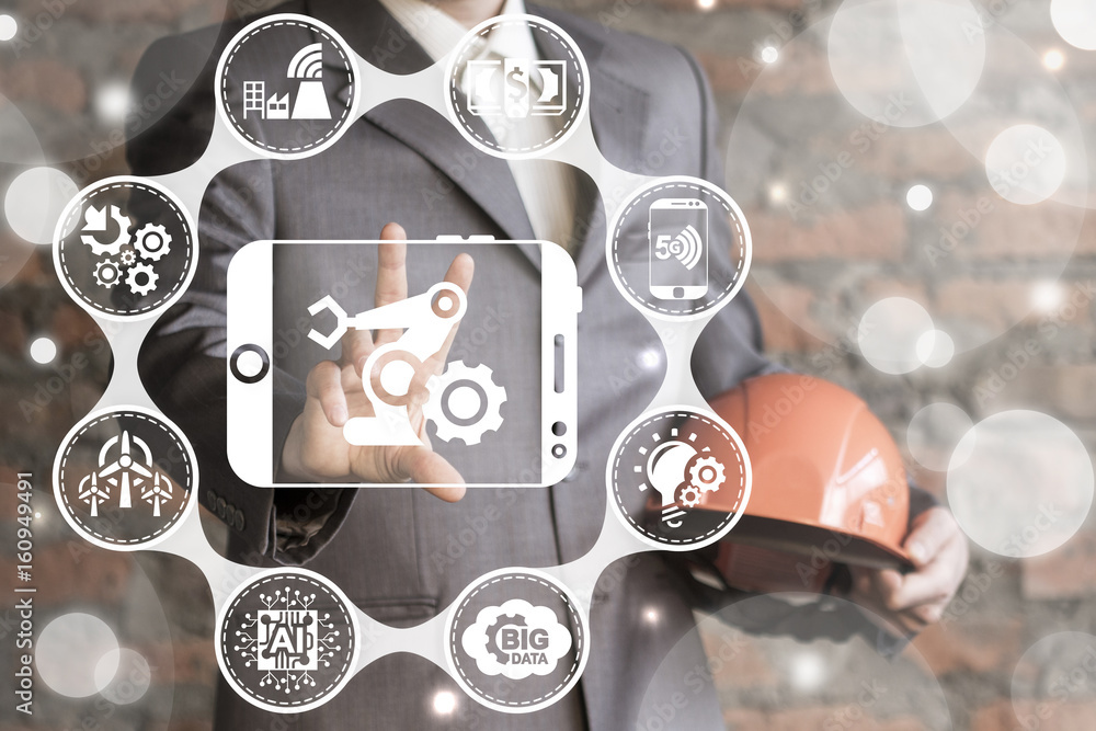 Poster robotics mobile process control industry 4.0 concept. man offers tablet computer robot arm icon on v