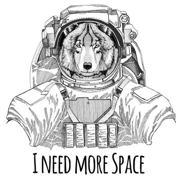 Wolf Dog wearing space suit Wild animal astronaut Spaceman Galaxy exploration Hand drawn illustration for t-shirt