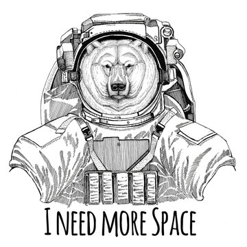 Polar bear wearing space suit Wild animal astronaut Spaceman Galaxy exploration Hand drawn illustration for t-shirt
