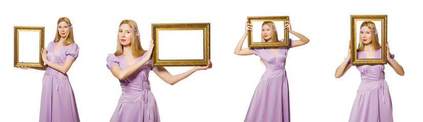 Woman with picture frame on white