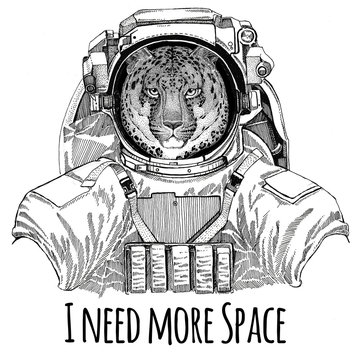 Wild cat Leopard Cat-o'-mountain Panther wearing space suit Wild animal astronaut Spaceman Galaxy exploration Hand drawn illustration for t-shirt