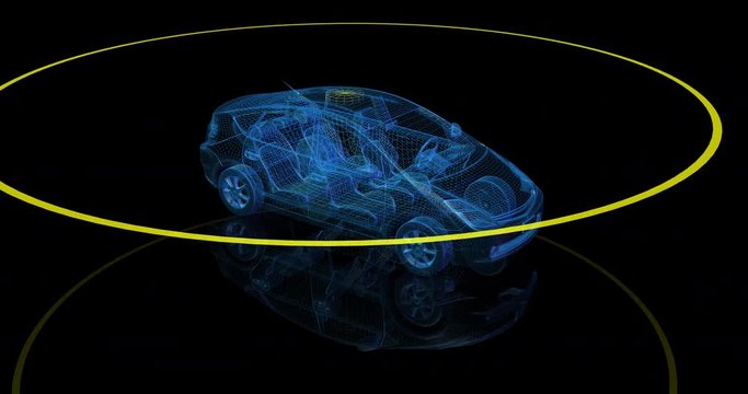 Autonomous wireframe driverless car with lidar scan signal. Looping 3d animation of scan cycle rings
